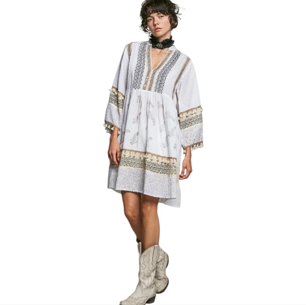 NS27. POL BOHEMIAN TASSELS NEUTRAL COTTON DRESS - Picture 2 of 4